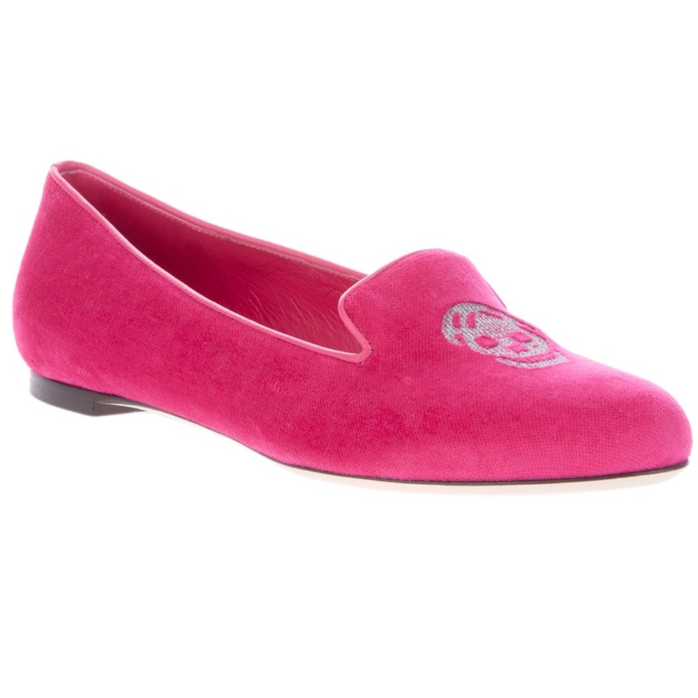 NWOT Alexander McQueen Embroidered Skull Smoking Slipper, Fuchsia